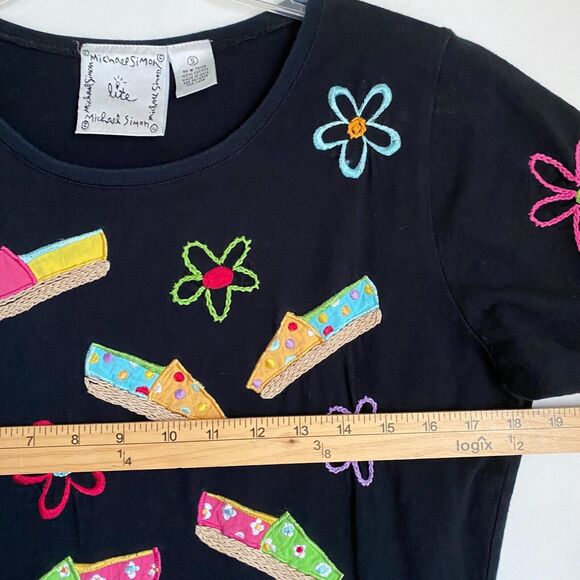 Michael Simon Maxi T-shirt Dress S Black Shoes Embroidered Design Artsy Vacation - Picture 4 of 8